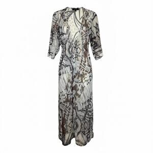 Juma Sheer Silk Midi Dress Black Brown Print Long Sleeve V-Neck Boho Resort S
